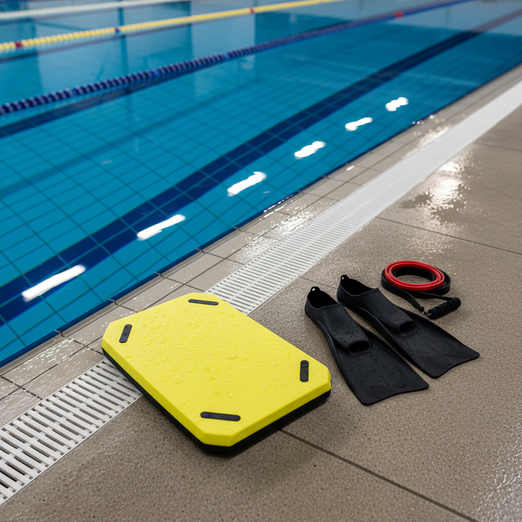 A meticulously organized swim training station at the edge of a pristine indoor pool, featuring a bright yellow kickboard with beveled edges, a pair of sleek black training fins with matte rubber texture, and a resistance band coiled neatly on a rough, wet pool deck. Tiny water droplets glisten on the gear. The pool’s vivid blue lane lines stretch into the distance, slightly blurred. Overhead LED lighting casts crisp reflections on the wet tiles, creating a sharp, high-definition look. Shot from a slightly elevated angle in photographic realism, with strong contrast and bold colors, the atmosphere feels focused and disciplined, highlighting the tools of serious strength and technique development for competitive swimmers.